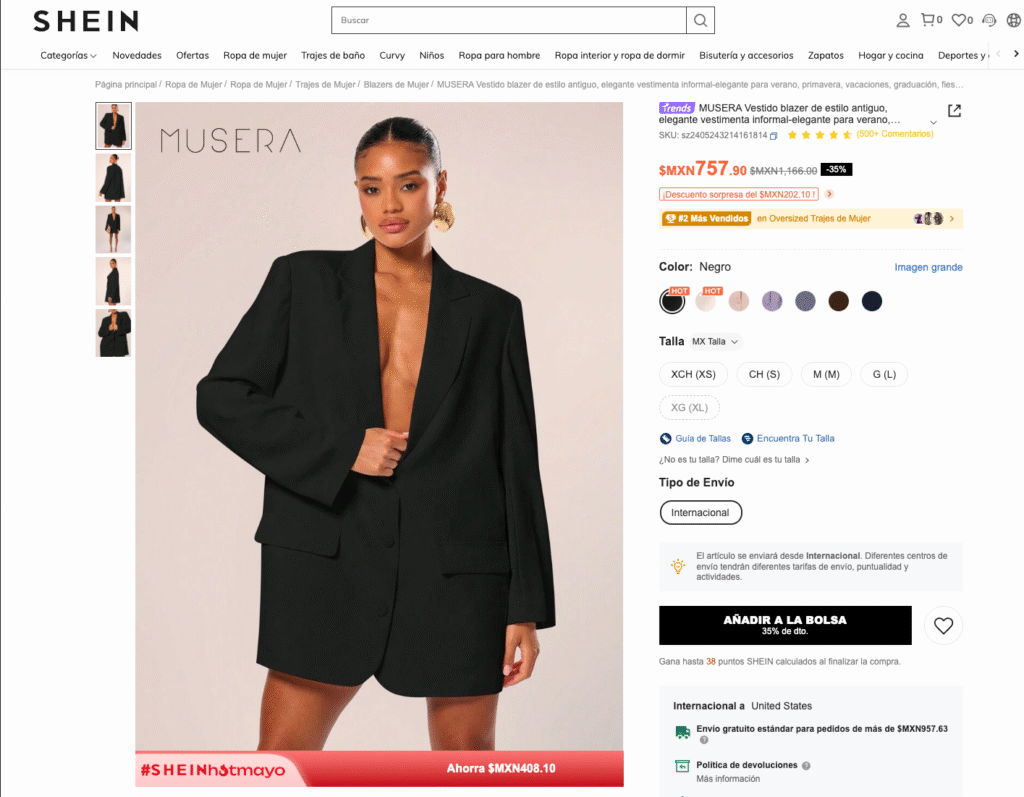 Captura de pantalla del sitio Shein que muestra un blazer oversize negro para mujer de la marca MUSERA, representando cómo una prenda inicialmente popularizada en pasarelas de alta moda como las de Balenciaga ha sido adaptada y comercializada en plataformas de fast fashion.
